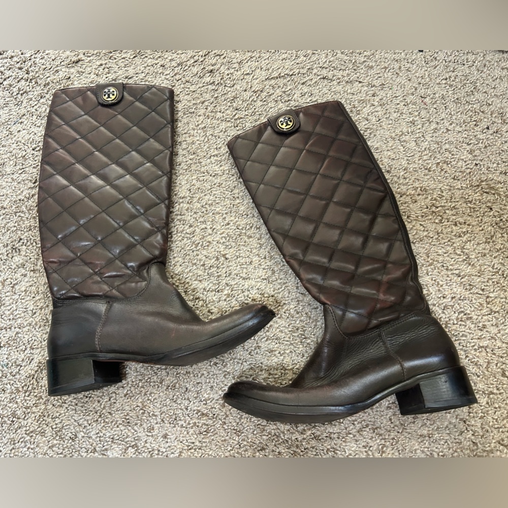 Tory Burch Quilted Pattern Leather Riding Boots Women's Size 6.5 Brown Tall Fall